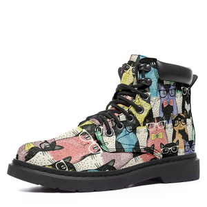 Bottes classiques à imprimé chat pour femmes, bottes de combat à la mode en cuir à lacets