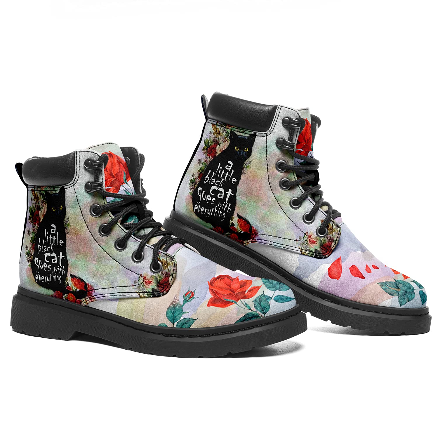 Catflower Print Classic Boots Bottines pour femmes à lacets en cuir Bottes de combat à la mode pour femmes